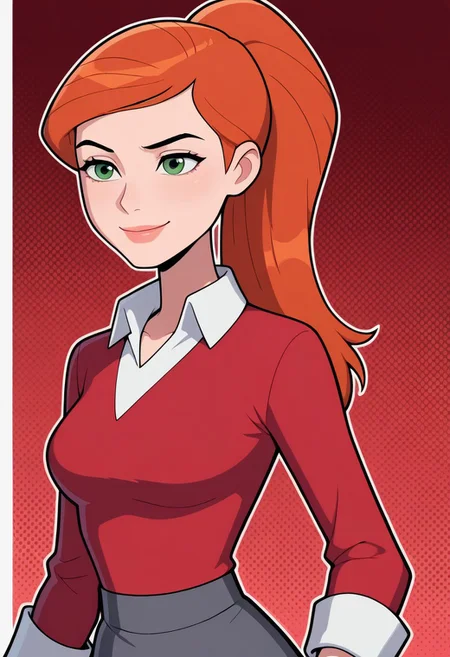 gwenuaf, 1girl, ponytail, solo, green eyes, orange hair, lips, breasts, collared shirt, long sleeves, red shirt, white shirt collar, dark grey skirt, black pants,, smile, upper body, halftone effect, white borders, abstract background:1.2, , masterpiece, best quality, amazing quality, very aesthetic, absurdres, newest, red background,