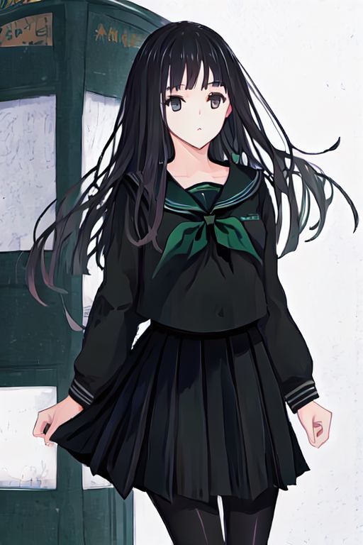 Rinne byuakuya, long hair, black hair, black eyes, small breasts, black serafuku, green necktie, black skirt, pantyhose
