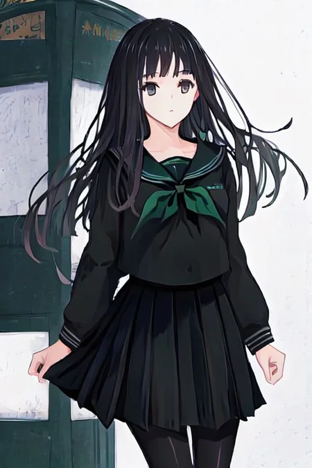 Rinne byuakuya, long hair, black hair, black eyes, small breasts, black serafuku, green necktie, black skirt, pantyhose