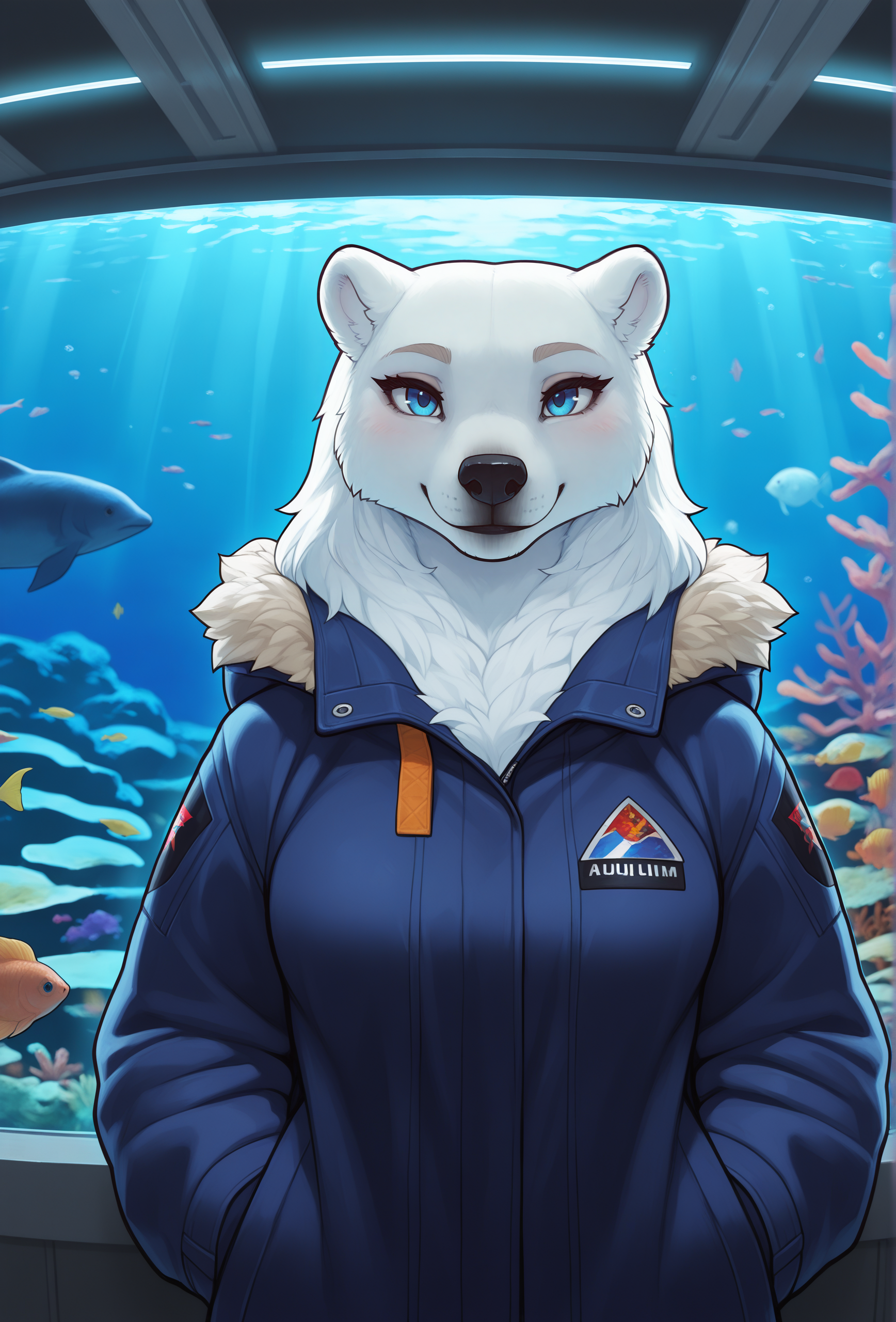(masterpiece, best quality, very aesthetic, absurdres:1.2), 1girl, furry, science fiction, aquarium, polar bear, straight-on, jacket, looking at viewer, smile, <lora:adjot_style_illustrious_v1f:1> adjstyle, solo, fur tuft, blue eyes
