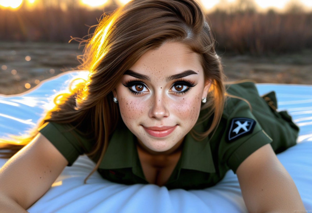 40% desaturated colours, realistic photo, photorealistic, 24yo busty M4L4K posing outdoor, various long hairstyles, freckles, perfect proportions, (big breasts), deep cleavage, wear uniform, winter season environment, (8k) (HDR)