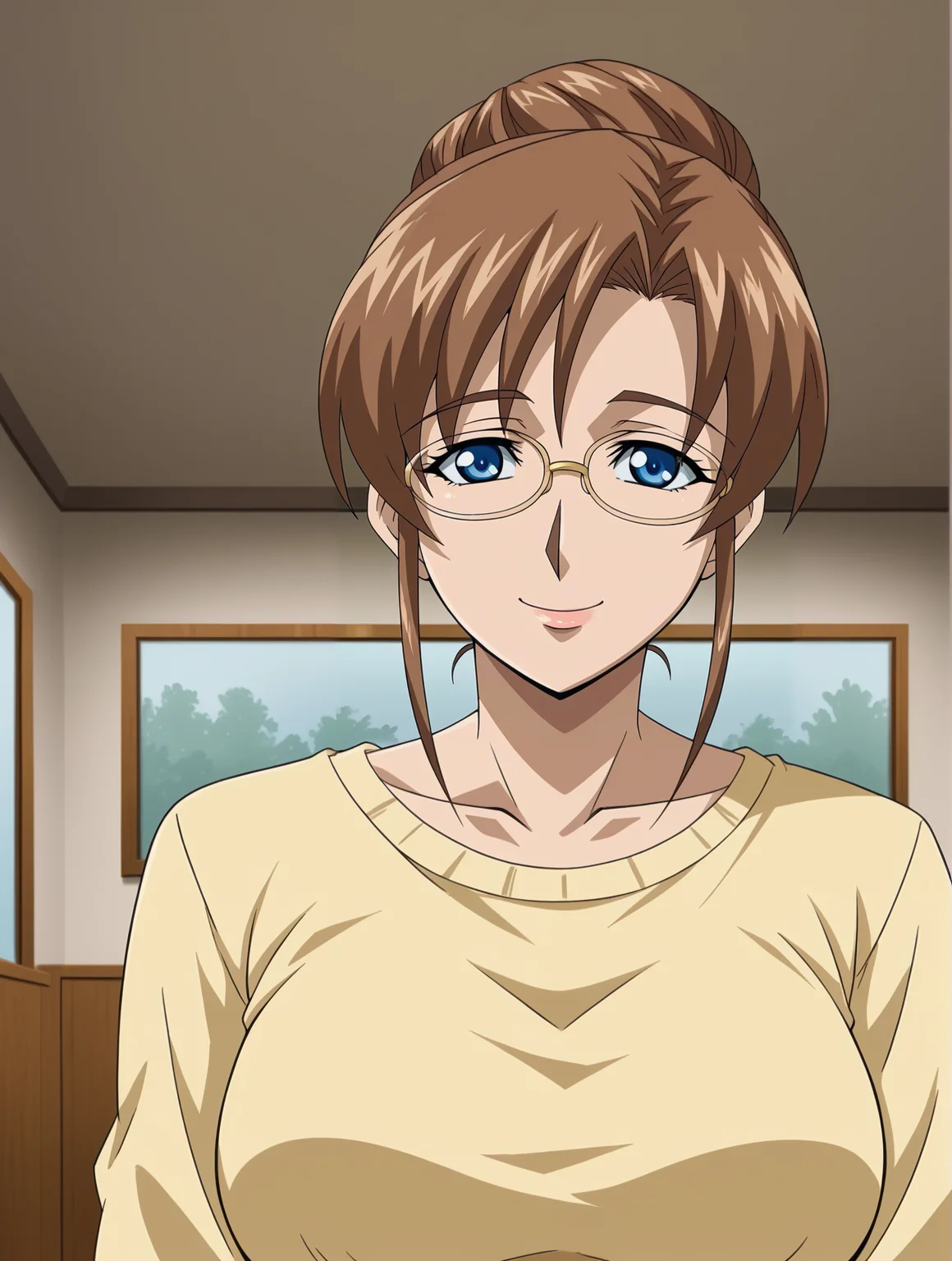 <lora:Misako_Takakura-Ayatsuri_Haramase_DreamNote:0.7>,Misako,mature female,1girl,solo,glasses,brown hair,blue eyes,hair bun,breasts,shirt,upper body,looking at viewer,smile,indoors