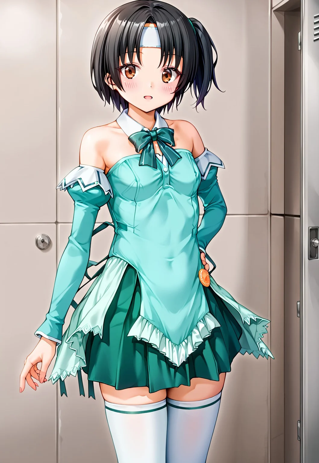 score_9, score_8_up, score_7_up,source_anime,,(masterpiece:1.3), (high quality:1.3),(1girl: nagarakc, black hair, short hair, one side up, brown eyes, headband,pia3_fm,mint-cream dress,frills,mint cream detached sleeves,green bowtie,bare shoulders,strapless,green skirt,white thighhighs,green line thighhighs,orange button badge,blush,)locker room,cowboy shot,cowboy shot,