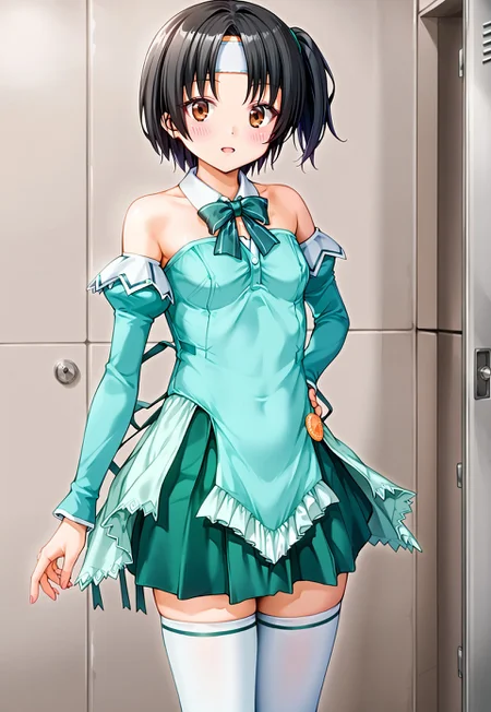 score_9, score_8_up, score_7_up,source_anime,,(masterpiece:1.3), (high quality:1.3),(1girl: nagarakc, black hair, short hair, one side up, brown eyes, headband,pia3_fm,mint-cream dress,frills,mint cream detached sleeves,green bowtie,bare shoulders,strapless,green skirt,white thighhighs,green line thighhighs,orange button badge,blush,)locker room,cowboy shot,cowboy shot,