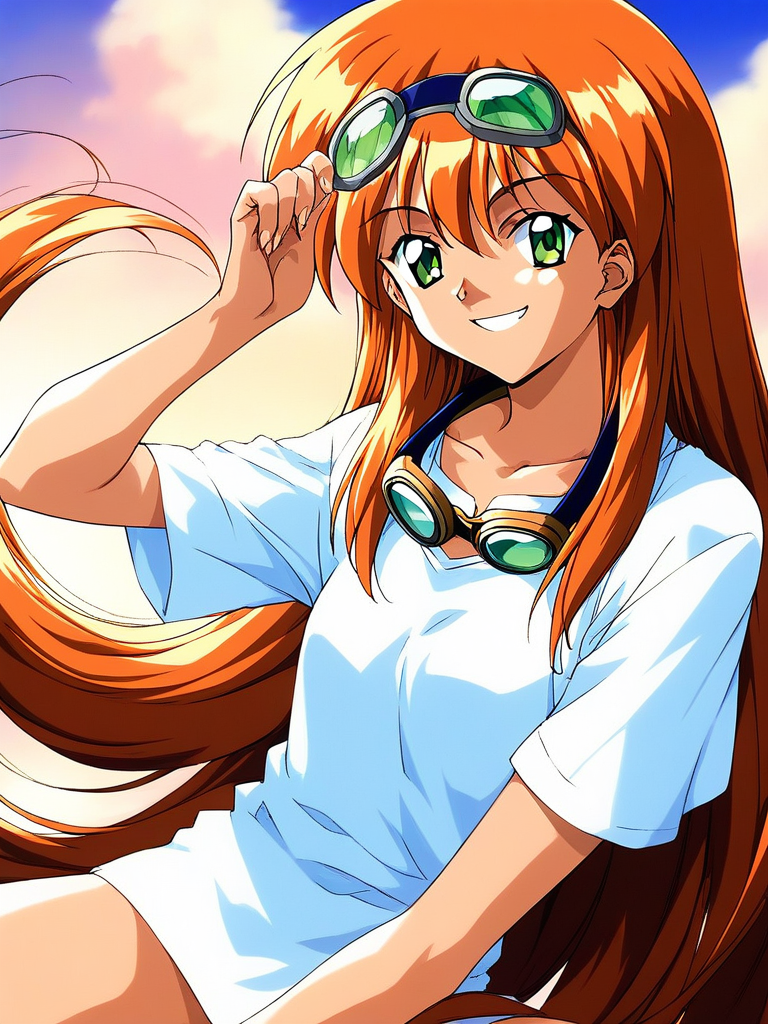 score_9, score_8_up, score_7_up, source_anime, rating_explicit, BREAK  <lora:Akai_Homura_XL:1> Akai_Homura, very long hair, green eyes, orange hair,
 1girl, solo, goggles, smile, goggles around neck, looking at viewer, shirt, white shirt, retro artstyle
day, sky,