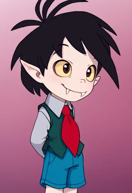 1boy, solo focus, Oskar, pale skin, Black Hair, Pointed Ears, Fangs, red necktie, vest, shorts, hands behind back, smile