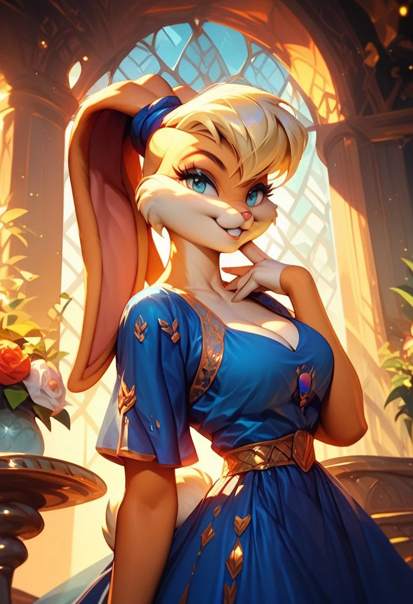 score_9, score_8_up, score_7_up,score_9, score_8_up, score_7_up, (Masterpiece), (absurdres), ((cowboy shot)), ballroom, lola bunny, beautiful blue dress, beautiful smile, mouth closed