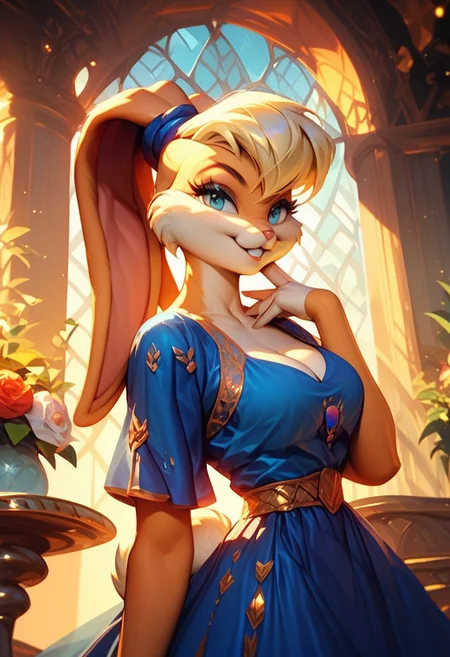 score_9, score_8_up, score_7_up,score_9, score_8_up, score_7_up, (Masterpiece), (absurdres), ((cowboy shot)), ballroom, lola bunny, beautiful blue dress, beautiful smile, mouth closed