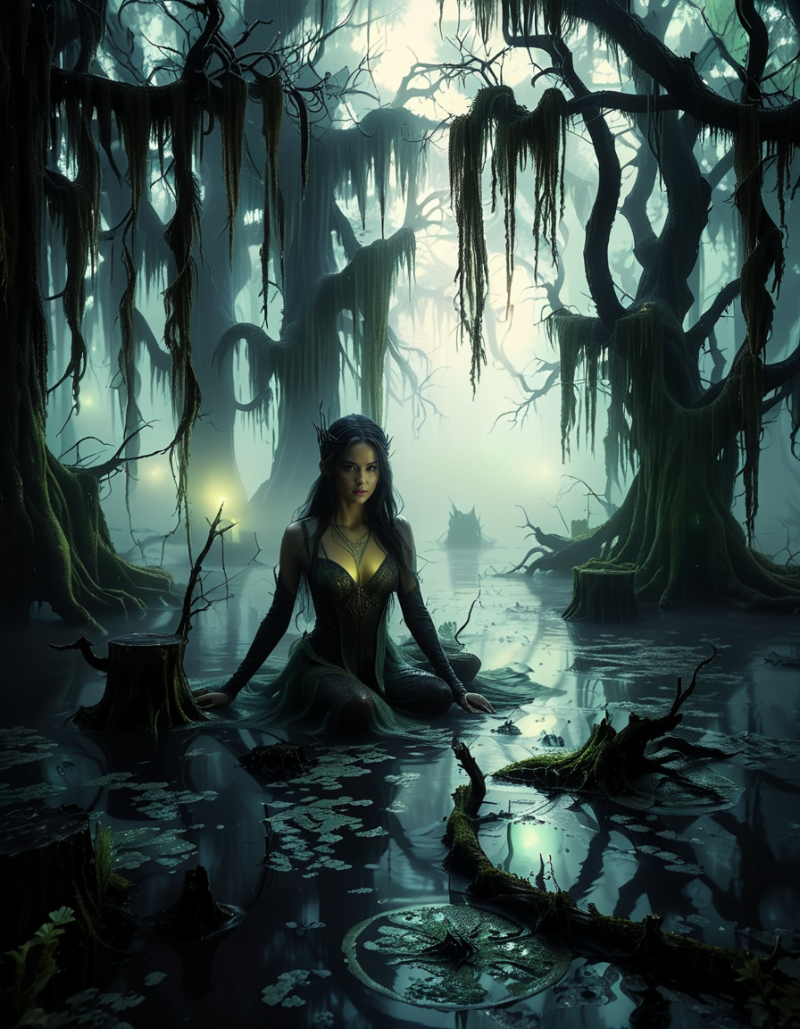 A demonic fairy woman sitting gracefully in an ominous swamp,0m1n0us sw4mp. She has a hauntingly beautiful appearance, with translucent, tattered wings resembling those of an insect, glowing faintly in a dark, eerie hue. Her skin is pale with subtle, intricate patterns like magical runes etched into it, and her eyes glow with an unsettling red or violet light. She wears an ethereal, dark gown made of shredded, otherworldly fabric that appears to flow like smoke, blending with the mist of the swamp. Her hair is long, wild, and black with streaks of silvery white, floating slightly as if affected by unseen magical energy.
The swamp around her is dark and foreboding, with twisted, gnarled trees reaching out like claws. The water is murky, reflecting a pale, sickly green glow from bioluminescent plants and fungi scattered throughout. The air is filled with a faint, ghostly mist, and strange, faint lights hover in the background, adding a mystical atmosphere. The lighting is dim, with a soft, ethereal glow illuminating the fairy woman from below, contrasting with the deep shadows of the swamp. The mood is dark, mysterious, and magical, evoking both beauty and menace.<lora:SDXLFaeTastic2400:0.4> <lora:extremely_detailed:0.4> extremely detailed, <lora:0m1n0us_sw4mp:1>, Masterpiece,best quality,hi res,8k,hi res,8k,award winning,(sharp focus, intricate, highly detailed),