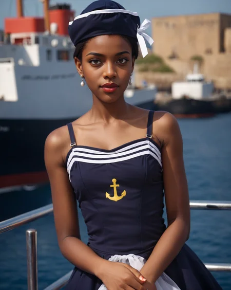 <lora:Navy_Sailor_Dress_SideCap_XL_v1-000020:0.8>, 1girl, black hair, hat, jewelry, lips, short hair, looking at viewer, navy sailor dress, realistic, skirt, solo, <lora:Perfect Hands:0.8>, Perfect Hands, <lora:HandFineTuning_XL:0.8>, sea port, (black skin:1.1), (dark skin:1.1), (very dark skin:1.1), african, (black lipstick:1.4)
