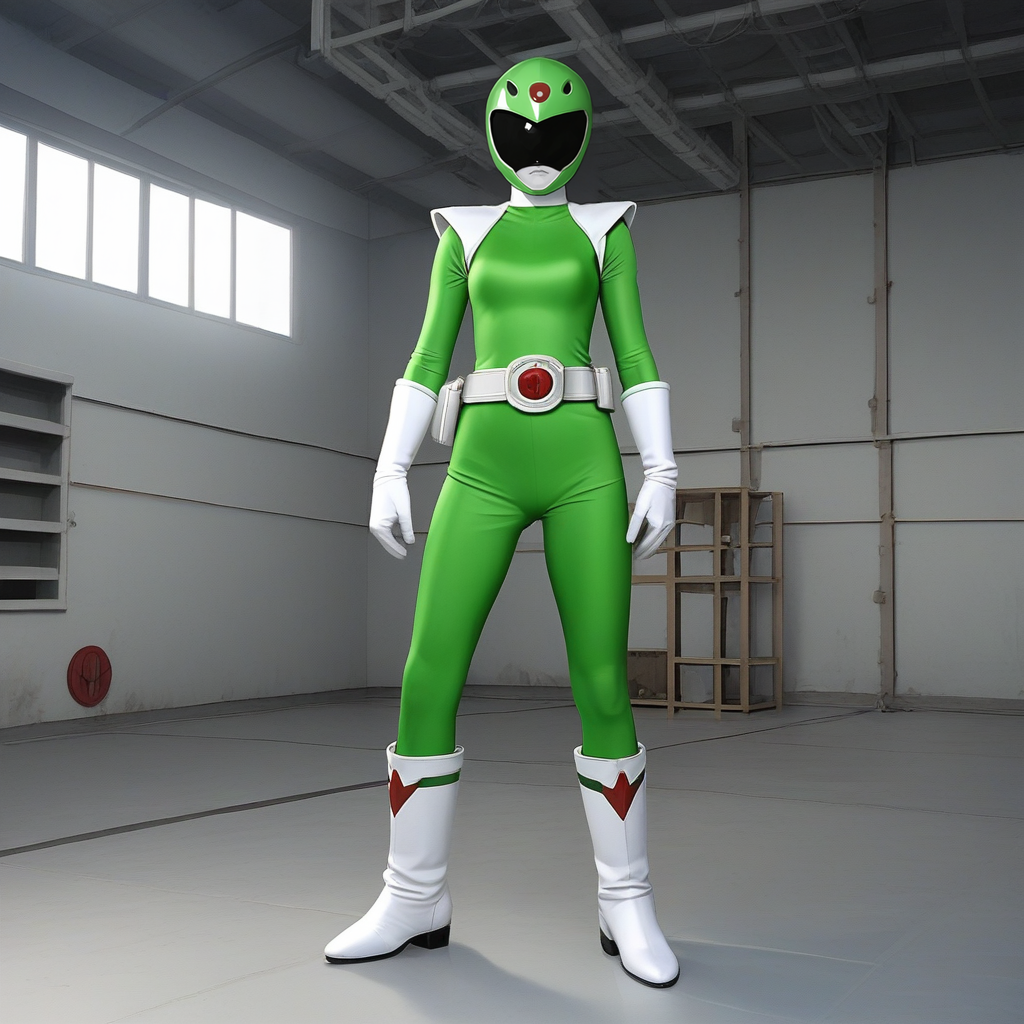 score_9, score_8_up, score_7_up, score_6_up, score_5_up, score_4_up, zPDXL2,source_anime,rating_questionable,solo, 1girl, day time, factory setting, <lora:Sentai_Outfit:0.8> senta1outf1t, helmet, belt, tokusatsu, green bodysuit,white gloves, white boots,