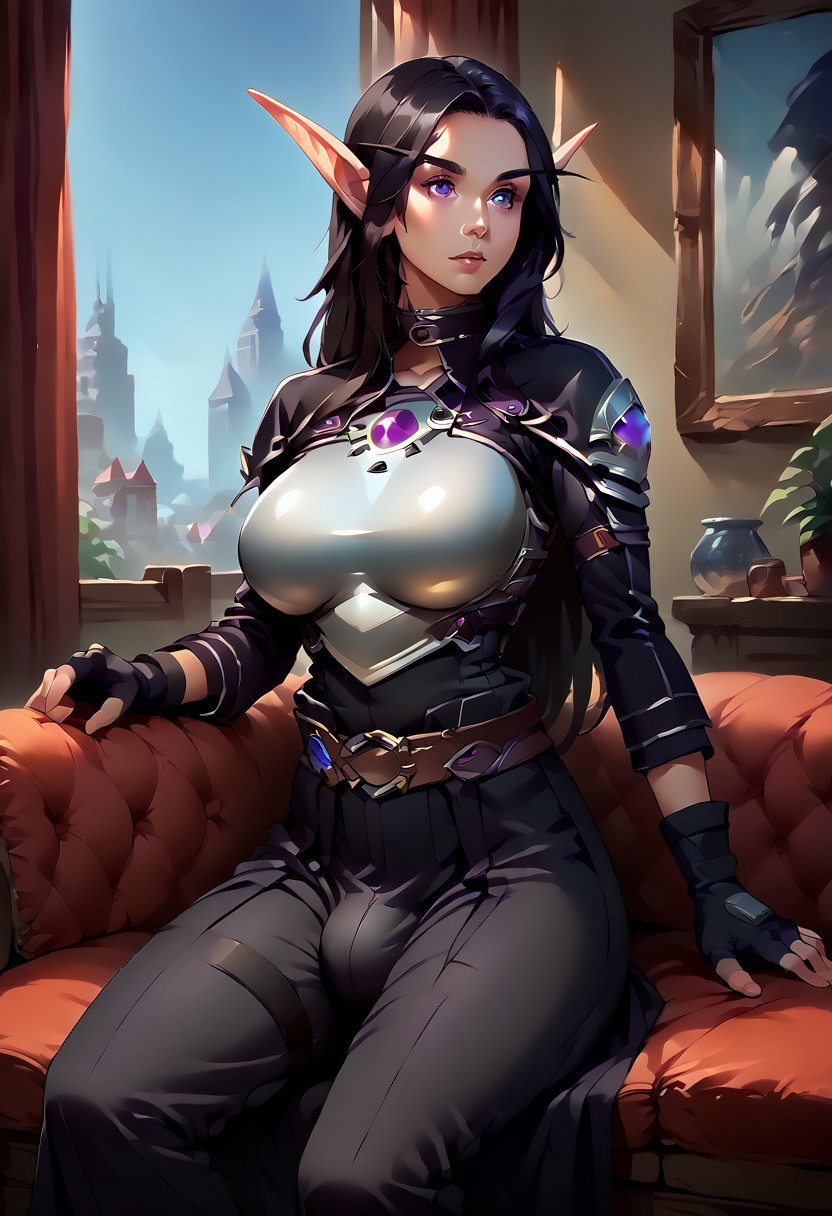 score_9, score_8_up, source_anime, source_furry, fullbody, 1futa, solo, mature female, curvy, (large breasts:1.5), (large bulge:1.1), (long hair:1.5), black hair, chestplate, chest armor, breastplate, breast armor, black outfit, long sleeve, fingerless glove, kirito, long hair, purple eyes, collar, long pants, waistband, belt, skirt, purple gem on belt, croptop, wcbloodelf, pointy ears, elf, long hair, sitting, on couch, room, window, curtains, cityscape, blue sky