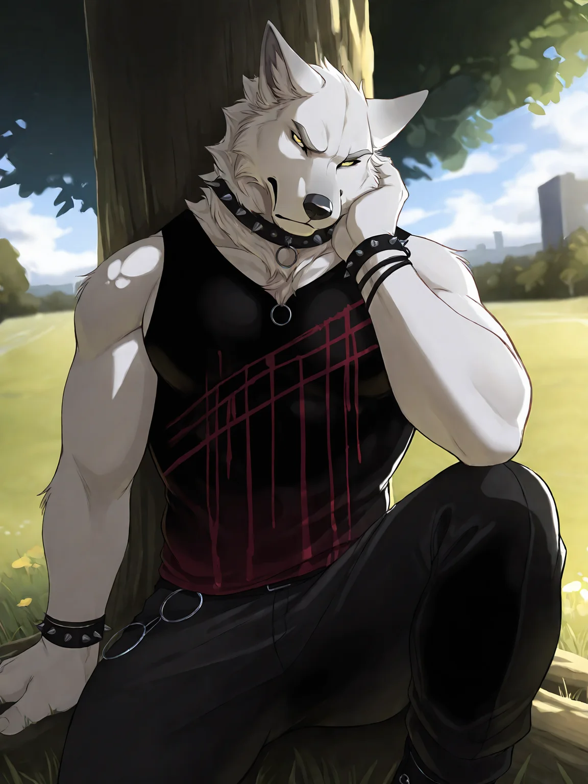 <lora:HarukiIL4:0.8>, haruki, male, solo, yellow eyes, annoyed, sitting, leanin on tree, pants, edgy outfit,
BREAK masterpiece, best quality, amazing quality, very aesthetic,highres, absurdres, detailed background,