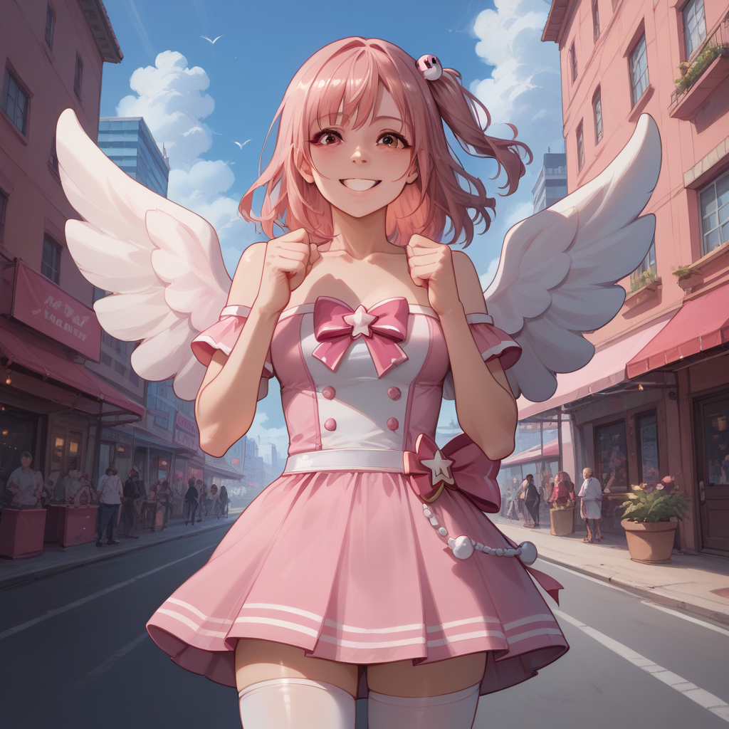 score_9, score_8_up, score_7_up, score_6_up, score_5_up, sourse_anime,   zPDXL,  rating_ safe BREAK,
solo, 1girl,  <lora:ponyRealistic_v1-gamma:-0.4>
 <lora:doahonoka:1>, honoka, one side up, pink hair, honokaforce, pink boot, pink skirt, wings, navel, white thighhigh, in city,  smile,  happy, hands on the stomach, suggesting nervousness or discomfort, <lora:add-detail-xl:1> <lora:detail_eyes:0.5>