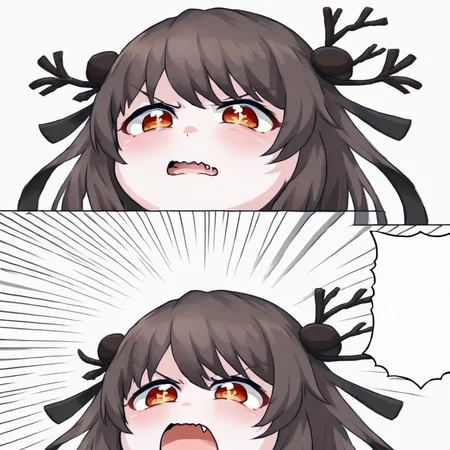 1GIRL , hutao, 2KOMA , FANG, COMIC ,OPEN MOUTH ,EMPHASIS LINES, <lora:angrynoises-000005:1>