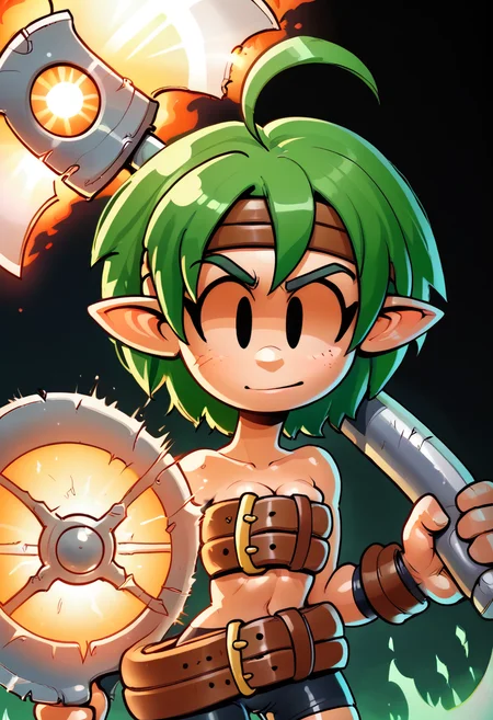 1girl, solo, pringus2, no sclera, 
ladyfighterxl, green hair, short hair, ahoge, pointy ears, headband, bike shorts, beltbra, 
v-shape eyebrows, smile, holding axe, energy shield, energy axe, axe,  energy weapon, holding polearm, fire weapon, 
 <lora:Pringus2:1> <lora:Valkyrie-LadyFighterXL-D11:0.9>
