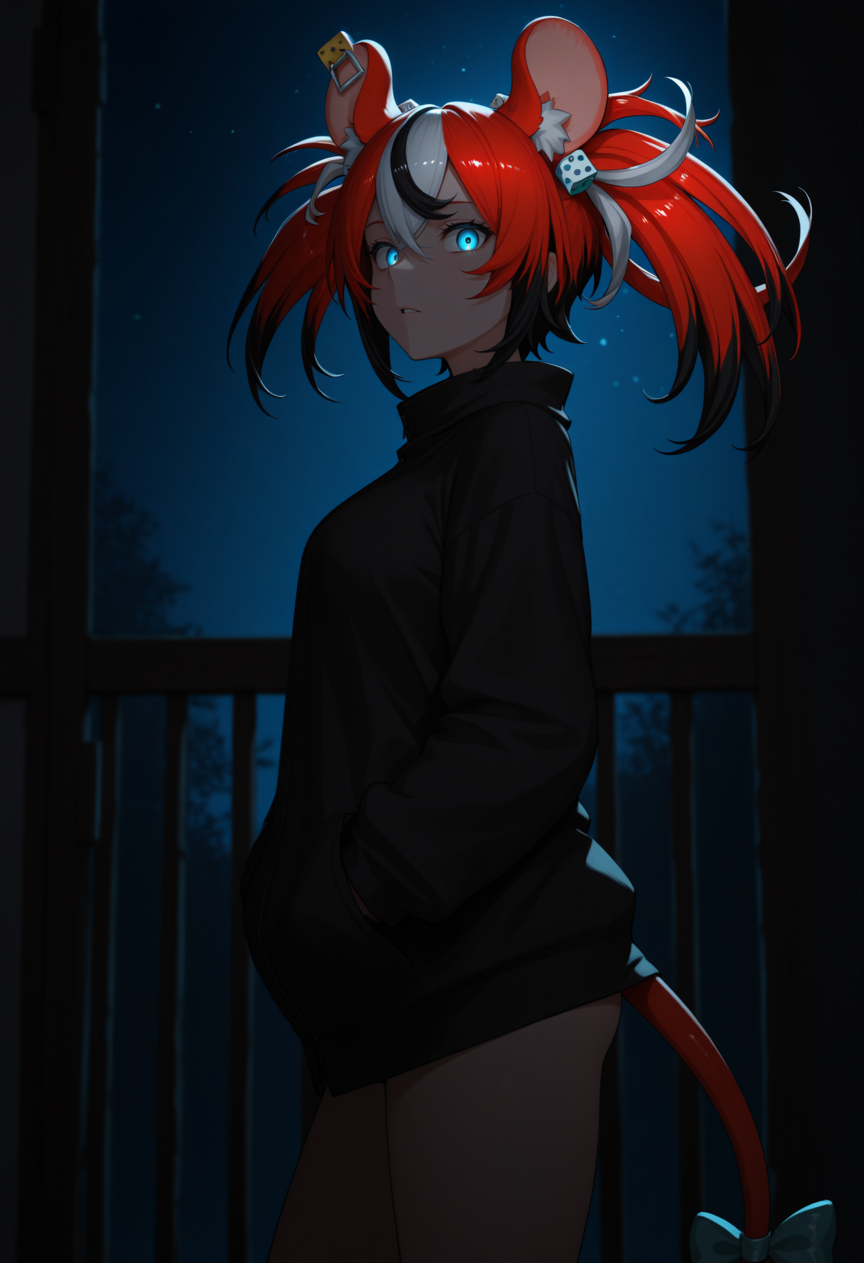 masterpiece, best quality, 1girl, solo, Hak0sB4elz, blue eyes, multicolored hair, red hair, white hair, black hair, uneven twintails, dice hair ornament, animal ears, tail, tail ornament, dark, night, dark theme, glowing eyes, <lora:ChamHakosBaelzNoob:1>