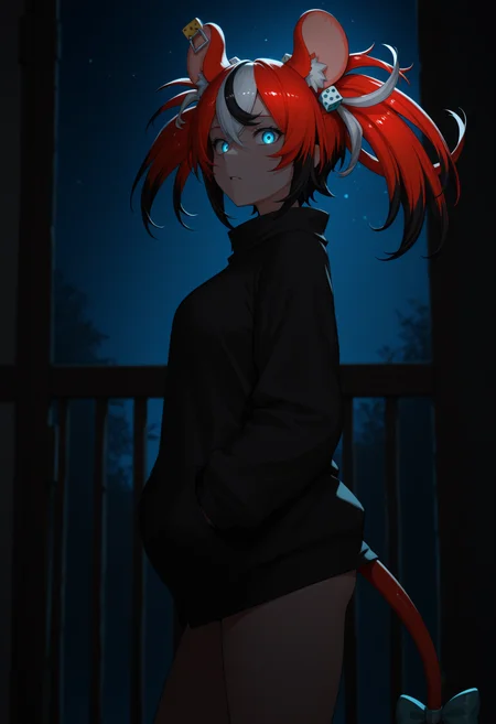 masterpiece, best quality, 1girl, solo, Hak0sB4elz, blue eyes, multicolored hair, red hair, white hair, black hair, uneven twintails, dice hair ornament, animal ears, tail, tail ornament, dark, night, dark theme, glowing eyes, <lora:ChamHakosBaelzNoob:1>