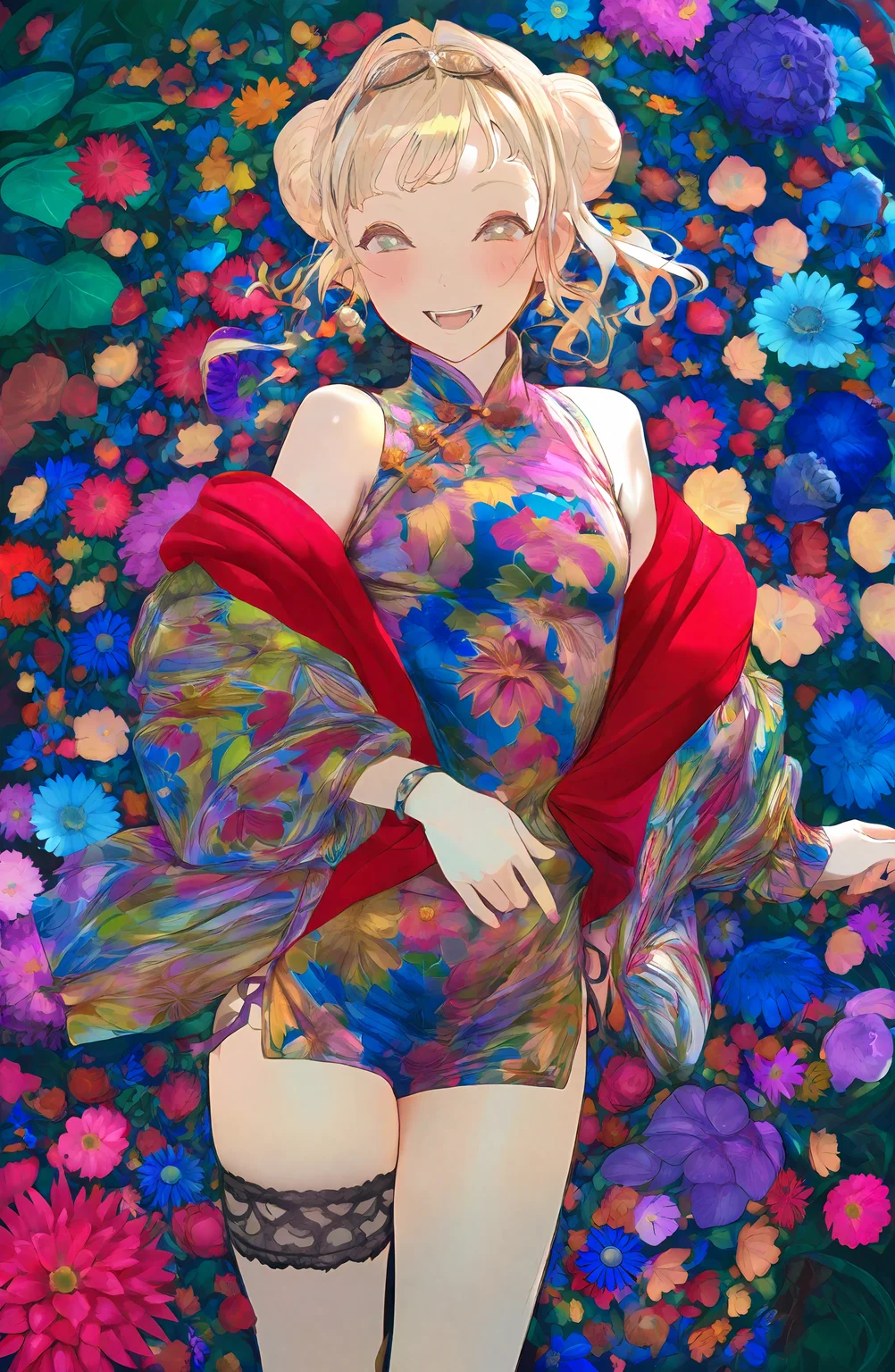 1girl, solo, looking_at_viewer, smile, open_mouth, blonde_hair, flower, hair_bun