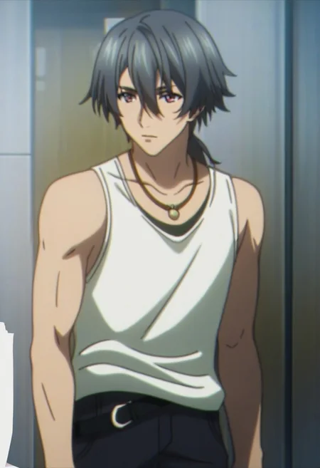 ((masterpiece)), ((best quality)), ((ultra-detailed)), ((absurdres)), score_9_up, score_8_up, score_7_up,
HD, top quality, best quality, amazing quality, High-quality illustrations, anime screencap, source_anime, best aesthetic, perfect proportions, perfect eyes, 1boy, 1male, solo boy, solo male, male focus, solo male focus, Anime, boy, male anime character, anime boy, handsome, cute, charming, Ki Juranbarada, dark gray hair, ponytail, red eyes, necklace, white tank top, ((tall body, tall height)), ((lean body, slim body)), black baggy pants, asymmetrical belt, easynegative, updn, Expressiveh, masterpiece, best quality, very aesthetic, absurdres
