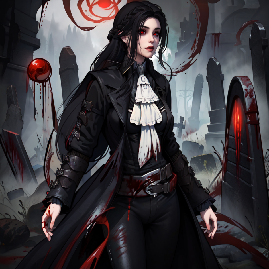 (masterpiece:1.2),(best quality,:1.2),8k,HDR,ultra detailed,professional light,cinematic lighting,fashion photography,ambient lighting,atmospheric effects,(wearing a black long coat:1.5),ascot,bracers,belt,gothout,<lora:Gothic_Outfit:0.45>,in a dark and sinister gothic graveyard,iron fence,<lora:Darkness-10:0.4>,epiCPhoto,(solo:1.5),<lora:SeranaaaaV3.5:0.65>,1girl,serana,red eyes,(black hair:1.3),long hair,looking at viewer,(White ascot:1.5),chibi,Black long pants,(cowboy_shot:1.5),<lora:Concept - Blood Magic:0.4>,(bloodmagic:1.5),(blood:1),(swirling blood:1.8),(magic:1.3),