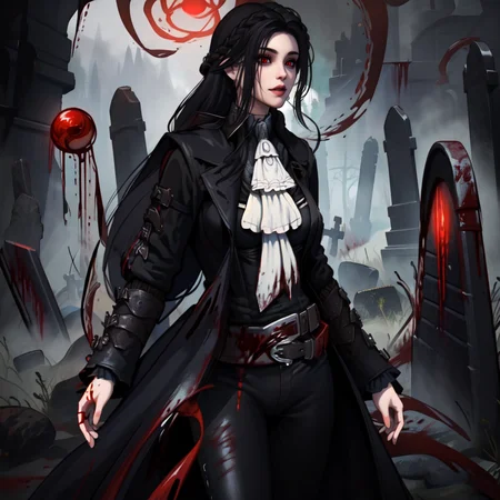(masterpiece:1.2),(best quality,:1.2),8k,HDR,ultra detailed,professional light,cinematic lighting,fashion photography,ambient lighting,atmospheric effects,(wearing a black long coat:1.5),ascot,bracers,belt,gothout,<lora:Gothic_Outfit:0.45>,in a dark and sinister gothic graveyard,iron fence,<lora:Darkness-10:0.4>,epiCPhoto,(solo:1.5),<lora:SeranaaaaV3.5:0.65>,1girl,serana,red eyes,(black hair:1.3),long hair,looking at viewer,(White ascot:1.5),chibi,Black long pants,(cowboy_shot:1.5),<lora:Concept - Blood Magic:0.4>,(bloodmagic:1.5),(blood:1),(swirling blood:1.8),(magic:1.3),