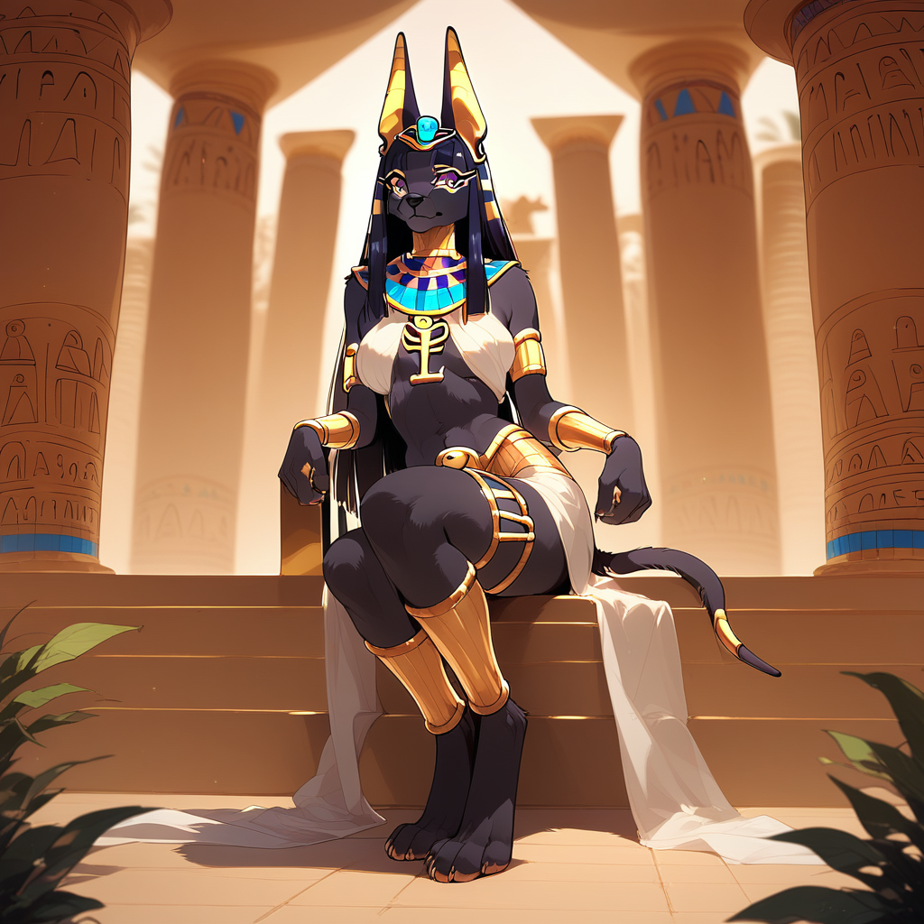 Anubian Jackal, 1girl, breasts, furry, furry female, solo, jewelry, tail, animal ears, thighlet, egyptian clothes, egyptian, full body, looking at viewer, long hair, black hair