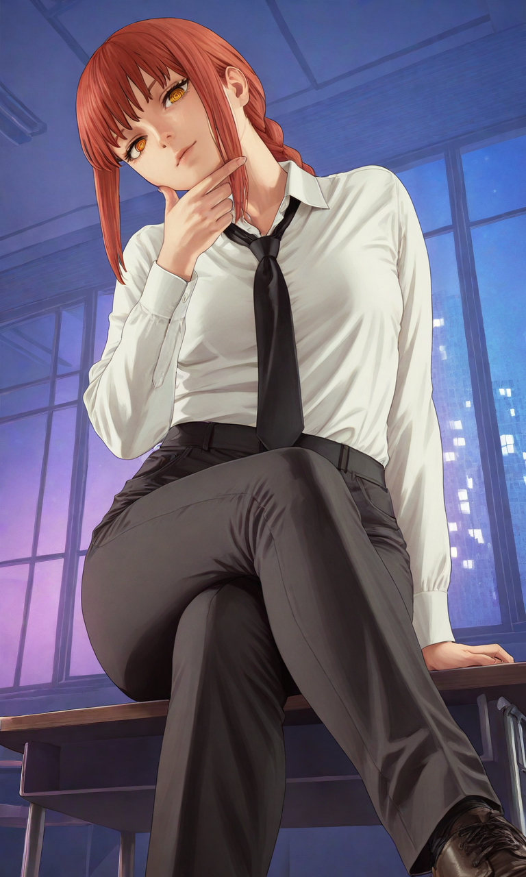 embedding:IllusP0s, GTAV5LS-ILV1.0, makima_\(chainsaw_man\), ringed pupils, eye focus, stroking own chin, head tilt, looking at viewer, low angle, white shirt, black tie, black pants, crossed legs, sitting on desk, indoors, night, contrast lighting,<lora:GTAV5-Loading-IL-000012.safetensors:1.0:1.0>