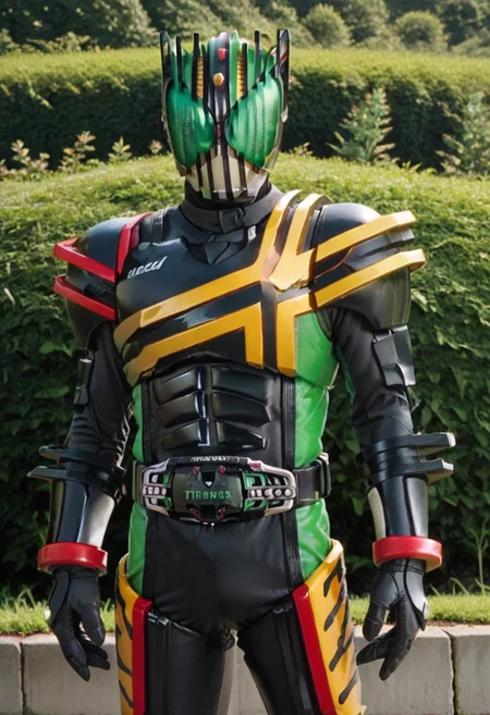 score_9, score_8, score_7, solo, armor, tokusatsu, bodysuit, helmet, rider belt, hawk, tiger, grasshopper, green eyes, black armor, black bodysuit, red trim, yellow trim, green trim