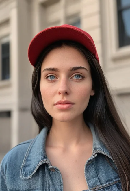 30yo woman posing for pic in front of tall building.
Blue eyes. small perfecteyes 
Wearing ripped Denim jacket red trucker hat
no makeup. Clear skin.  realistic skin style
Long dark black slick back hair. No makeup. Dusk, Street light. Looking at camera POV. Slight smile, tilting head.. Tilt head.
Medium Close Up shot. Bokeh. Bokeh light.