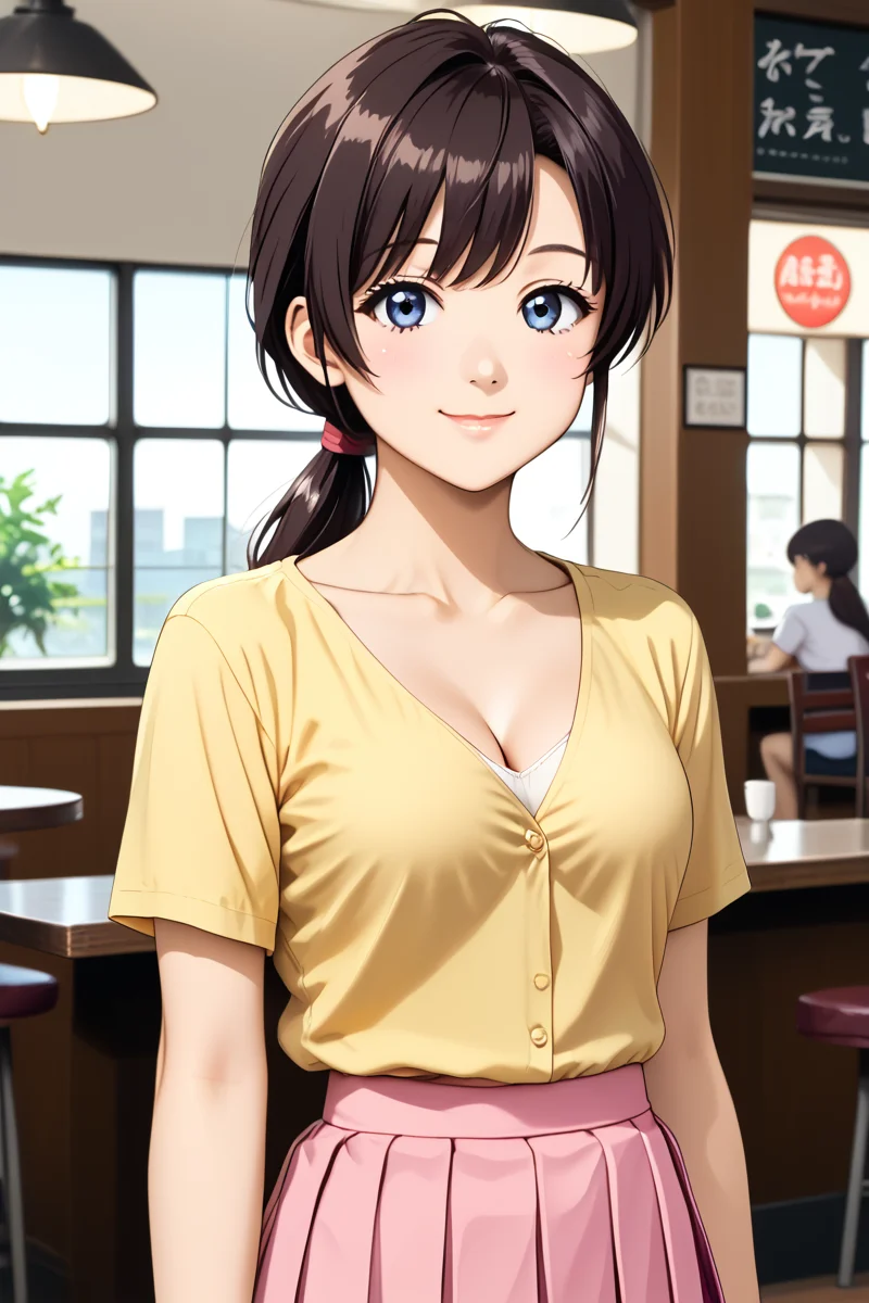 ameku mazuru, 1girl, solo, long hair, looking at viewer, smile, bangs, cafe, casual yellow shirt, medium pink skirt, pleated skirt, closed mouth, cowboy shot, ponytail, medium breast, cleavage , collarbone, <lora:Ameku_Mazuru_ATSK_Pony:1> <lora:HandFixer_pdxl_Incrs_v1:1> make up, elegant smile, detail, <lora:Add_more_details_pony:0.8> low ponytail, young-adult, bare thigh, anime coloring, long hair, big eyes,