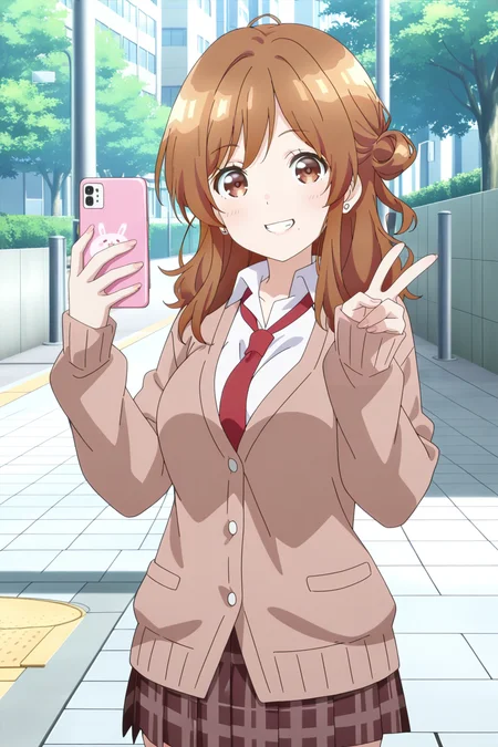 anime screenshot, izumi yuzu, 1girl, solo, brown hair, long hair, single side bun, brown eyes, mole under mouth, large breasts, school uniform, brown cardigan, white shirt, collared shirt, long sleeves, red necktie, brown skirt, plaid skirt, pleated skirt, earrings, smartphone, holding phone, looking at viewer, smile, teeth, hands up, v, cowboy shot, outdoors, street, masterpiece, best quality, high quality, highres, absurdres, <lora:izumi_yuzu_ILXL:0.9>