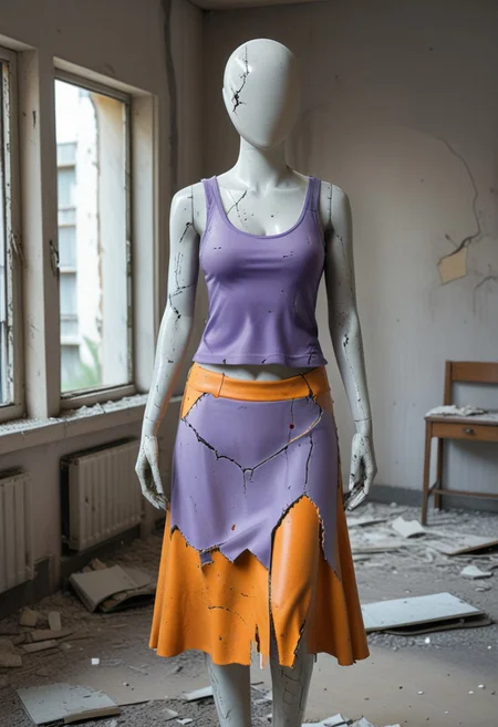 masterpiece, 8k, perfection Detailed hand, Hand, anime manga illustration ((bald female dewberry purple ((faceless)) mannequin)) detailed cracked skin,gray skin,gray petrifaction, wearing torn clothes, yellow torn tank top and very long ripped orange skirt,hotsquat in a abandoned crumble ruined dusty hotel room, closeup portrait, dim magic light,
