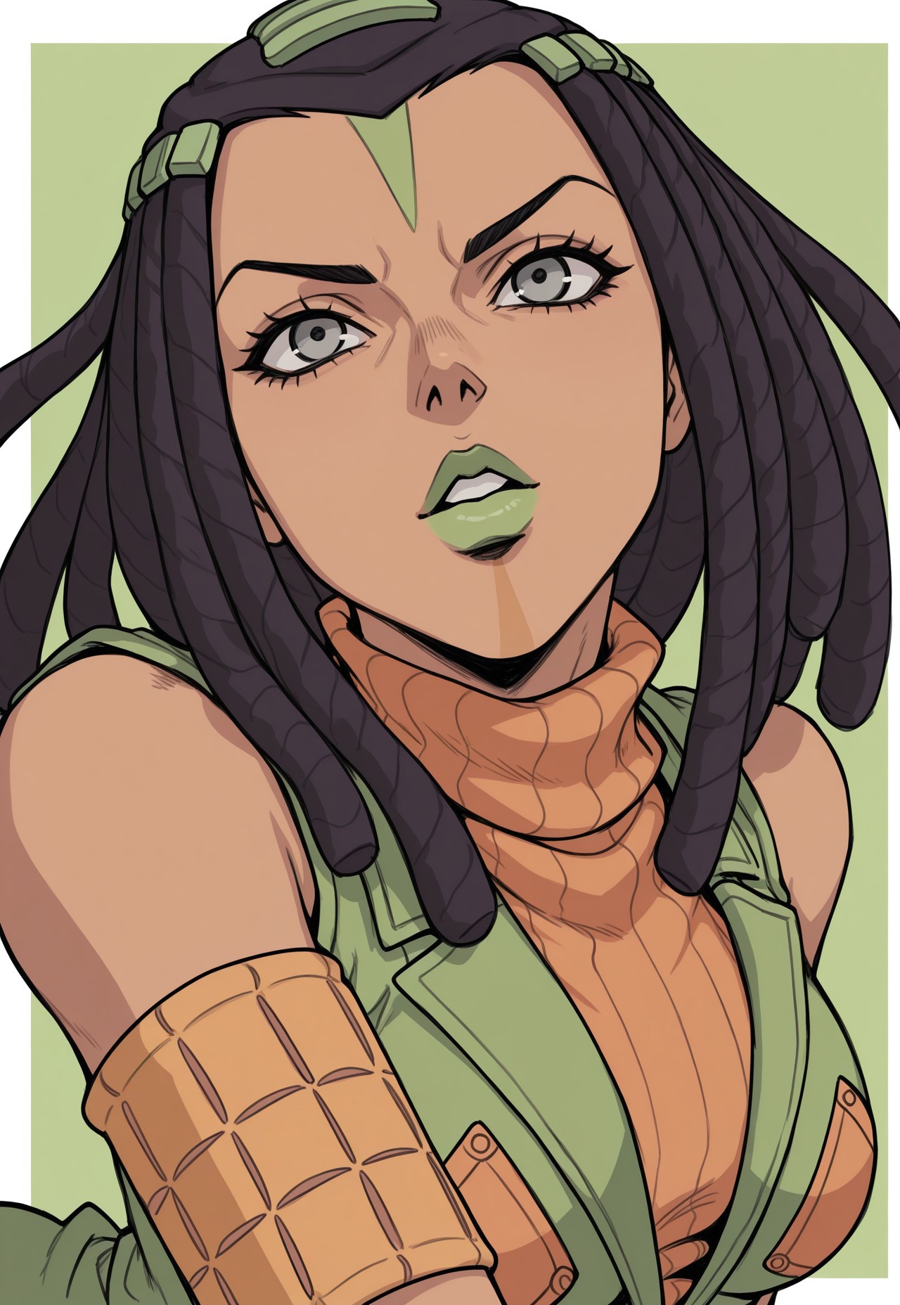 anime, rough sketch, sketchy lineart, black lineart, pencil drawing, sharp edges, masterpiece, best quality, detailed background, 8k, 1boy, man, solo, Ermes Costello, dark-skinned girl, black hair, dreadlocks, hair pieces, face markings, gray eyes, green lipstick, orange sweater, green jacket, sleeveless, armbands, looking up at viewer, breasts, parted lips, half body, face focus, close up, face focus, turning to viewer, looking at viewer, dynamic pose, green background, white background
