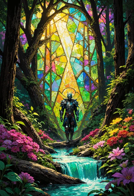 masterpiece, high-quality, stained glass illustration, A wide-angle view captures a mystical forest where trees, flowers, and creatures are composed of vibrant glass panels. Sunlight filters through multicolored leaves, casting prismatic rays onto a crystal stream. A guardian with translucent glass wings stands amidst the foliage, their armor reflecting emerald and cobalt hues. Golden leading lines between glass pieces emphasize mosaic patterns, blending sacred artistry with enchanting natural harmony, <lora:FLUX\FLUX-daubrez-DB4RZ:0.3> <lora:FLUX\Anime v1.3:0.5> <lora:FLUX\DarksunRiddV4:0.6> <lora:FLUX\ArcaneFGTNR:0.5>