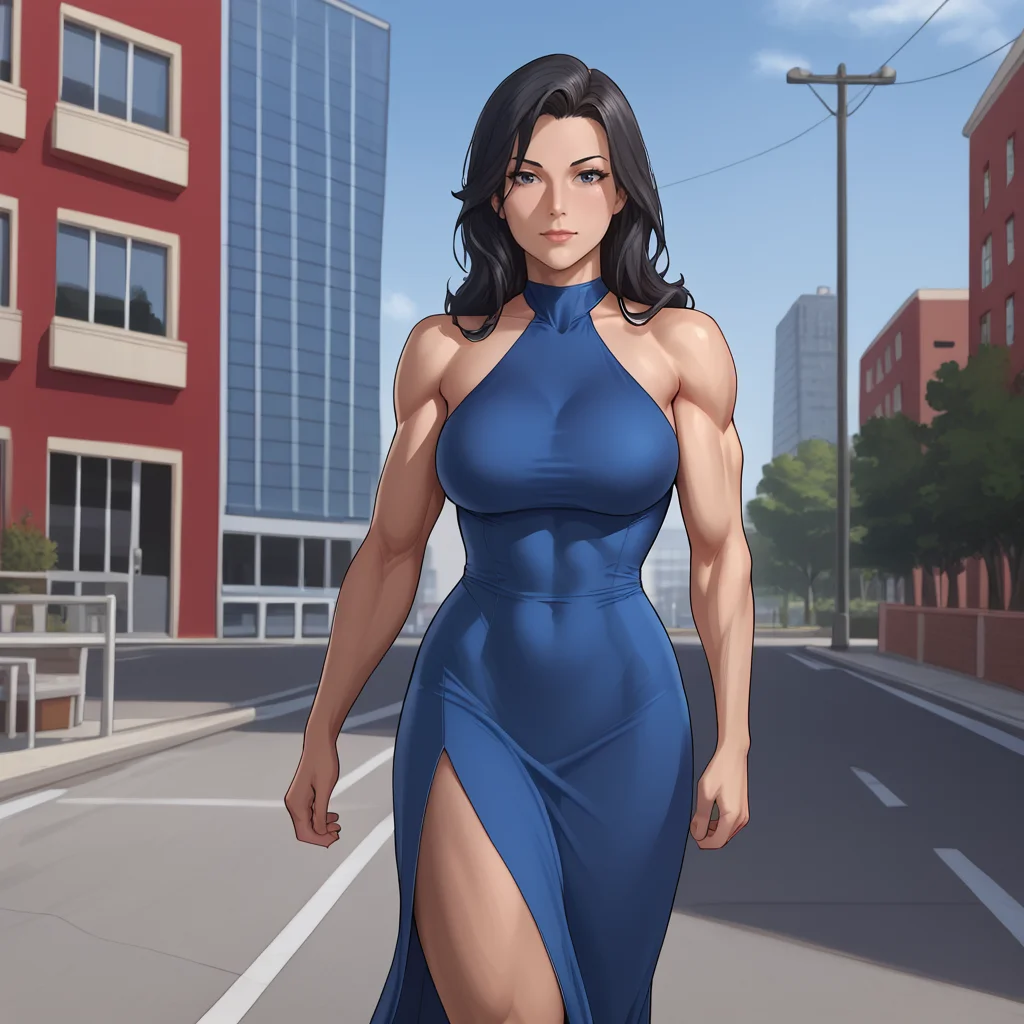 <lora:superwomanfanart_pony_v1:.8>  Superwoman, solo, 1girl, muscles, breasts, hair between eyes, black long hair, <lora:0932 Home wear 9_v1_pony:1> ruanyi0932,blue dress,halter dress,sleeveless,cowboy shot,taut dress,skin tight,long dress