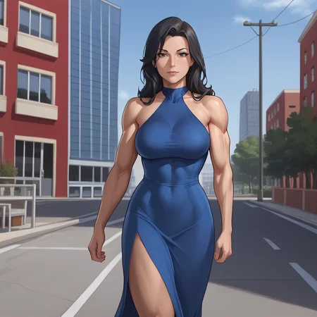 <lora:superwomanfanart_pony_v1:.8>  Superwoman, solo, 1girl, muscles, breasts, hair between eyes, black long hair, <lora:0932 Home wear 9_v1_pony:1> ruanyi0932,blue dress,halter dress,sleeveless,cowboy shot,taut dress,skin tight,long dress