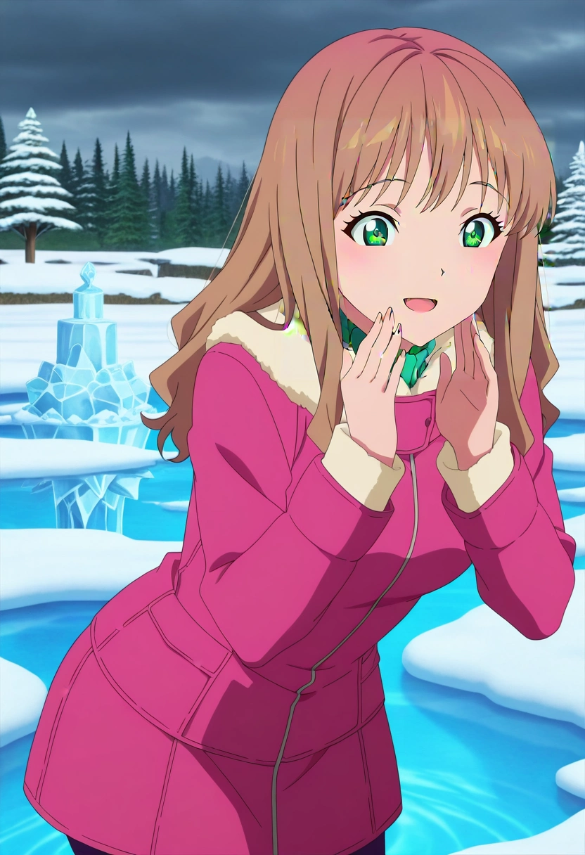 masterpiece, best quality, anime screencap, anime coloring, official style, 1girl, solo, <lora:yume_minami_ilxl:0.96>, yume_minami, brown hair, green eyes, long hair, bangs, winter garden, ice sculptures, snow-covered trees, frozen pond, exploring pose, delighted expression, overcast, cowboy shot