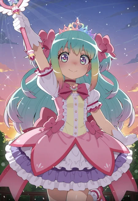Mizumizuni, 1girl, rainbow eyes, pastel rainbow hair, multicolored hair, gradient hair, long hair, masterpiece, best quality, absurdres,
(pastel colors, pastel pink, pastel blue, pastel orange, pastel green, pastel purple), pastel rainbow magical girl, padded magical girl dress, kawaii, frilled skirt, thighhighs, padded pastel rainbow dress, multilayered dress, petticoat, padded dress, puffy short sleeves, elbow gloves, rainbow tiara, gem brooch, large bow, ribbons, lace trim, frills, satin, sparkles, glitter, heart earrings, rainbow accessories, jewelry, bobby socks, frilled mary janes,
lipgloss, eyelashes, blush, light makeup,  
outdoors, nature, clouds, sunset,
solo, cowboy shot, standing on one leg, happy smile, one arm up, holding magical girl wand, heart scepter,
intricate, highly detailed, majestic, shallow depth of field, movie still, circular polarizer, light reflections, light particles, particles, sun rays