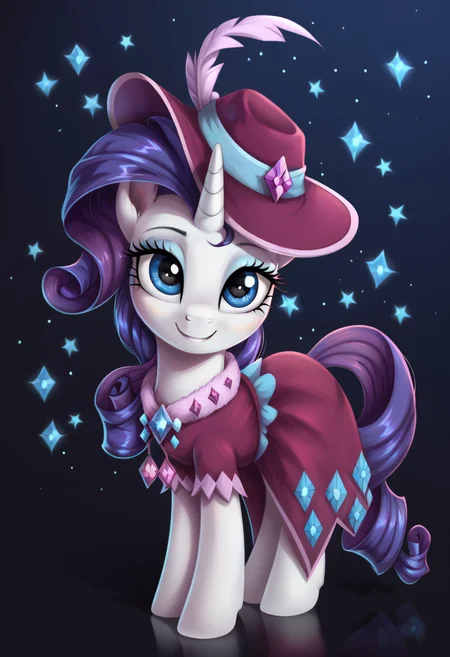 score_9, score_8_up, score_7_up, score_6_up, score_5_up, score_4_up, my little pony, ((feral pony)), 1girl, ((solo)), (sexy),beautifully detailed, (detailed cute pony face), ((detailed blue starry background:1.5)), ((woman)), high angle, (cute smile:1.0), ((up-close)) 1girl, ((solo)), (sexy), full body, <lora:Second_gala:1> rarity a bright outfit, a blue purple dress, jewelry in the form of stones and feathers, hat
<lora:OtherStyle_01:1> <lora:Wholesome_MLP-v1.0:1>