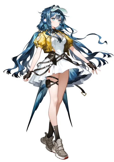 white background,simple background,arknightsgame,masterpiece,best quality,amazing quality,very aesthetic,high resolution,ultra-detailed,absurdres,
1girl,solo,Astesia,blue eyes,white pupil,bird tail,long hair,blue hair,bird girl,medium breasts,
astesia_\(fantastic_crafts\)_\(arknights\),yellow jacket,open jacket,white dress,grey boots,black fingerless gloves,black socks,visor cap,low twintails,thigh strap,thigh pouch,
full body,standing,
<lora:AstesiaILREV1.0-000003:1>,<lora:ArknightsGameStyleILV1:0.8>,