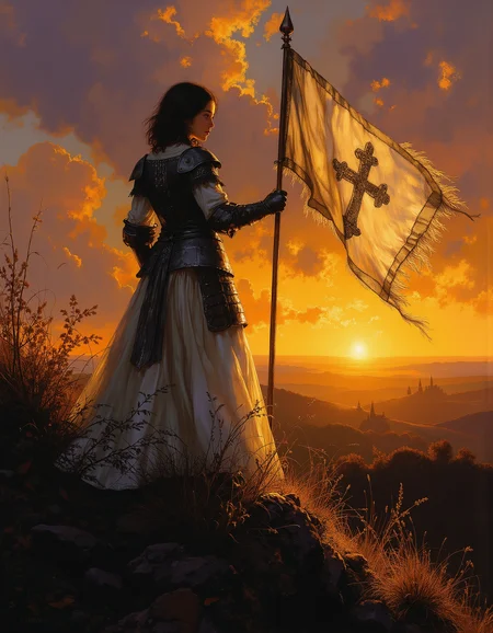 masterpiece, high quality, Oil Painting, Hyper-realistic, young Joan of Arc stands atop a rolling hill at sunset, her silhouette striking against a dramatic sky of deep oranges, purples, and burning crimsons. She wears gleaming plate armor that catches the last rays of sunlight, creating a holy radiance around her. In her right hand, she holds aloft her iconic white battle standard adorned with fleurs-de-lis and religious imagery, its fabric billowing majestically in the wind. Her dark short-cropped hair frames her determined face, which shows both youth and fierce conviction. Her face is pale, almost translucent white. She has bright glowing blue eyes. The landscape below is medieval French countryside with distant castle spires and scattered campfires beginning to twinkle in the gathering dusk. The rays of golden light piercing through clouds to illuminate her figure, suggesting divine inspiration. focus on the girl, shadow and light, Masterpiece, intricate lines, intriguing atmosphere, sharp magnificent details, delicate features, elaborate details, (2/3 rule composition:0.5), ultra detailed, romantic, Rembrandt lighting, brush stroke, lovely, novuschroma, in the style of Rembrandt. vantablack <lora:style_of_Rembrandt_FLUX_135:.8> <lora:- Flux1 - vanta_black_V2.0:.6> <lora:neeeg_f1:-1> <lora:113_novuschromaFLX_1:.3> <lora:Midjourney_Whisper_Minimal:.4>