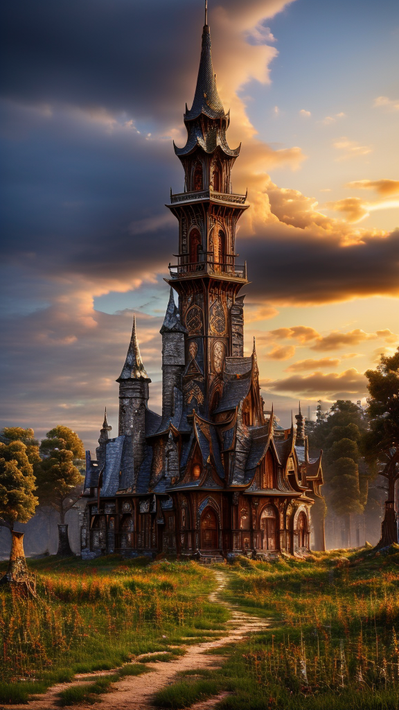 Tribal style, 
Gothic style, 
Masterwork Painting, Magnum Opus, 
 <lora:Wizard_Tower:0.75> witow, castle, cloud, cloudy sky, grass, no humans, scenery, sky, tower, tree, 
<lora:Fantasy_Mountains:0.75> fanmou, footprints, forest, grass, nature, no humans, outdoors, sky ,
  highres, 8k, uhd, High Dynamic Range, tonemapping, crisp details,  intricate details, fine details,
. Dark, mysterious, haunting, dramatic, ornate, detailed,
. Indigenous, ethnic, traditional patterns, bold, natural colors, highly detailed