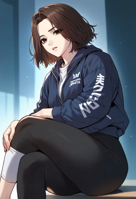zPDXL3, score_9_up, score_8_up, score_7_up, (Anime_source), 1girl, Joanna, dark eyes, brown hair, short hair, yoga pants, jacket, sitting, from side, crossed leg, cowboy shot, looking at viewer, parted lips