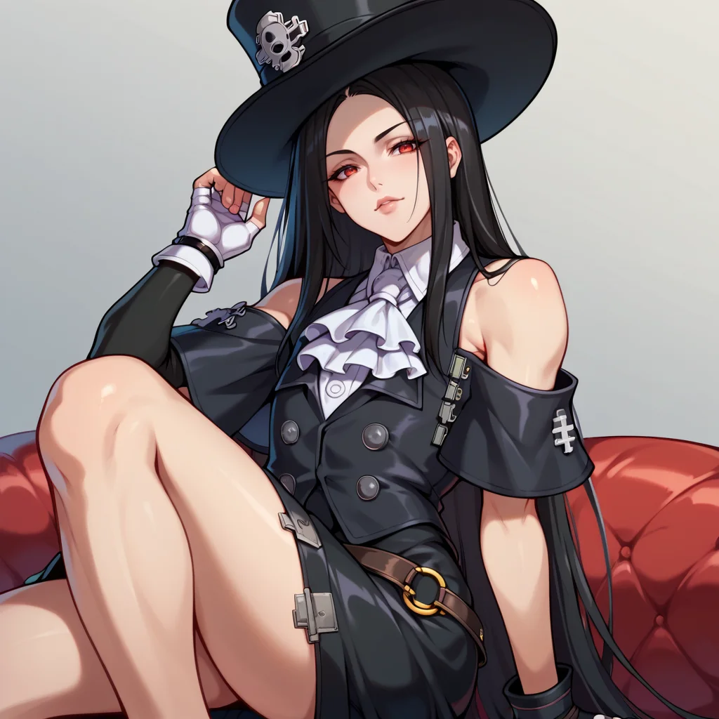score_9, score_8_up, score_7_up, score_6_up, score_5_up, score_4_up, source_anime, seductive pose,
1other, androgynous, looking at viewer, testament\(guilty gear\), <lora:TestamentGGST:1> ggtestament, black hair, red eyes, long hair, formal, black sleeves, detached sleeves, ascot, top hat, long black skirt, side slit, black vest, fingerless gloves, bare shoulders, asymmetrical gloves, solo