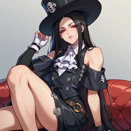 score_9, score_8_up, score_7_up, score_6_up, score_5_up, score_4_up, source_anime, seductive pose,
1other, androgynous, looking at viewer, testament\(guilty gear\), <lora:TestamentGGST:1> ggtestament, black hair, red eyes, long hair, formal, black sleeves, detached sleeves, ascot, top hat, long black skirt, side slit, black vest, fingerless gloves, bare shoulders, asymmetrical gloves, solo