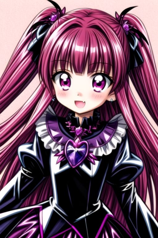 Bad_End_Precure, DarkPrecure, corrupted princess wearing dark pastel (ruffled:1) (gleaming latex:1) gown with (latex vampire cloak:1) and (detached frilly wide sleeves:1), soft lighting, ruffles, (cute little fang:1)
(vmpr:1),
<lora:more_details:1>,