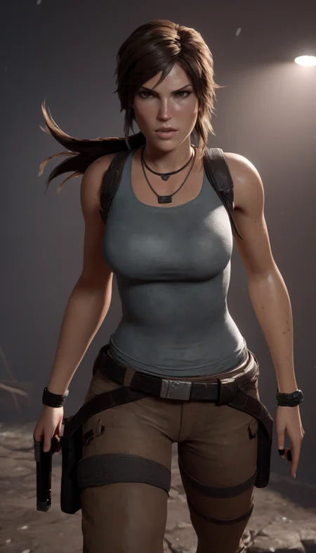 Cinematic scene, hero view, Lara Croft <lora:lara_croft_xl_v2:1>, action pose, detailed background, masterpiece, best quality, high quality, highres, absurdres, detailed skin texture, (blush:0.5), (goosebumps:0.5), subsurface scattering