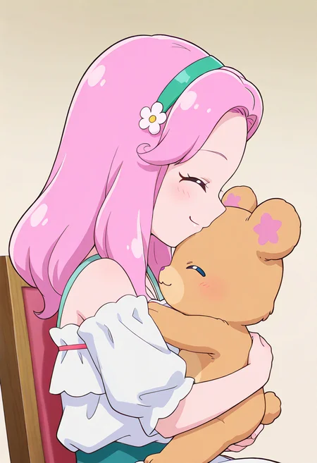 masterpiece, best quality, absurdres, very aesthetic, general,
hanami kotoha, casual, 1girl, closed eyes, smile, long hair, pink hair, teddy bear, hair flower, closed mouth, green hairband, blush, upper body, shiny hair, profile, hug, solo, off shoulder, white shirt, happy, mofurun \(mahou girls precure!\), off-shoulder shirt, indoors, bare shoulders, chair, aqua hairband, from side, eyelashes, blue eyes, ^ ^, holding stuffed toy, pink flower, symbol in eye, purple flower, headband, purple hair, holding animal, white flower, :3, sitting, creature, heads together, simple background, puffy short sleeves, yellow flower, white dress, parted bangs
<lora:mahoutsukai_precure_all_in_one_illustXL_locon_v1:0.7>