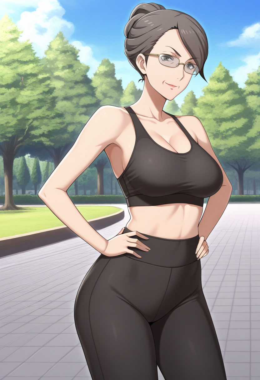 masterpiece, best quality, 1girl, solo, looking at viewer, cowboy shot, smile, park, blue sky hands on hips
black sports bra, black yoga pants
 <lora:zs_KaburagiILLU:1> kaburagip5s, short hair, hair bun, glasses, brown eyes, mature female,